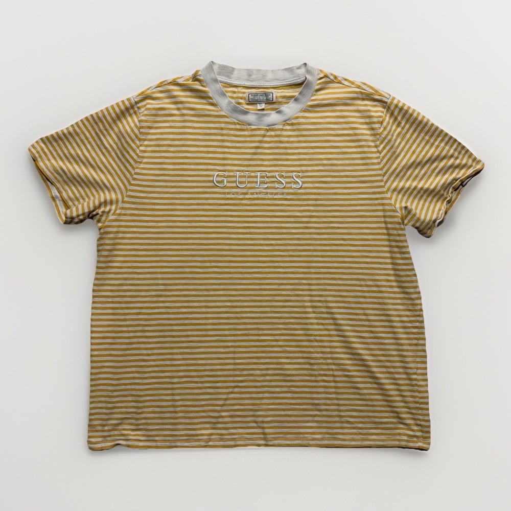 GUESS JEANS Gold Ivory Classic Striped Vintage Shirt Embroidered Logo Men's XL